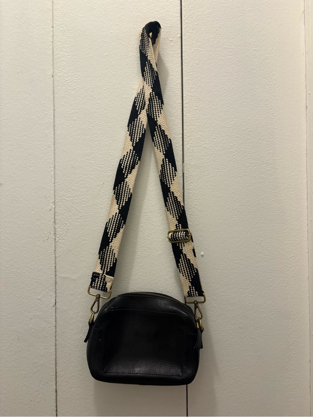 Madewell Black Leather Crossbody with Cream-Black Woven Strap